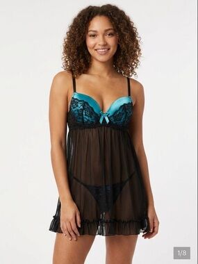 Black & Blue Sheer Babydoll Lingerie Dress w Push Up Cups & Ruffles Size Small